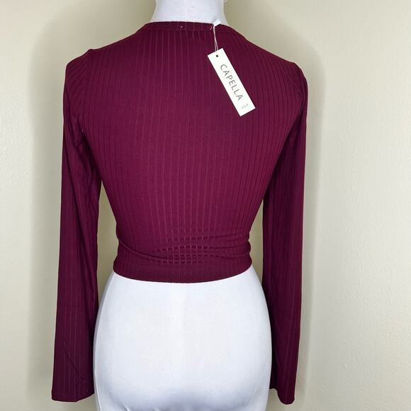 Capella Crop Top Large Burgundy Snap Button Jersey Rib Knit Stretch Casual New - Picture 6 of 7